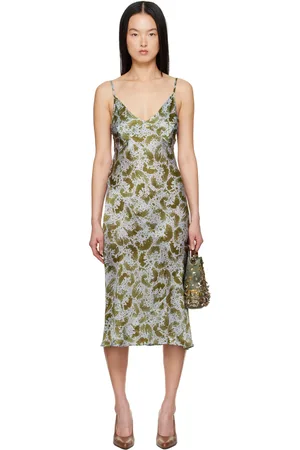DRIES VAN NOTEN Blue & Green Silk Slip Midi Dress