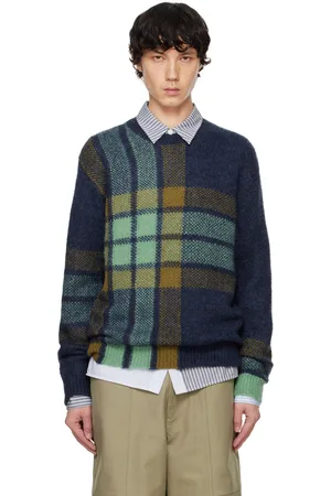 Maison Kitsuné Navy & Green Graphic Check Intarsia Sweater