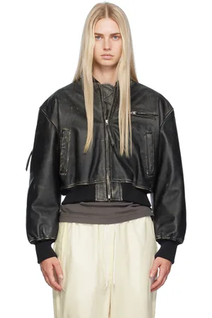 Acne Studios Black Distressed Leather Bomber Jacket