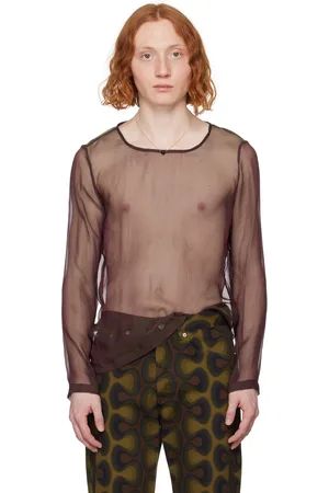 DRIES VAN NOTEN Burgundy Sheer Long Sleeve T-Shirt