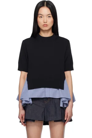 SACAI Navy & Blue Cotton Poplin & Knit Pullover Sweater