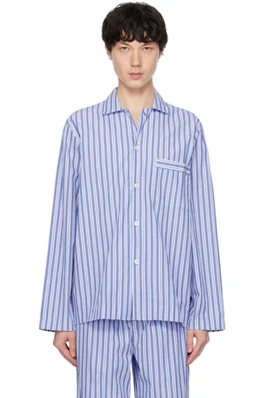 Tekla White & Blue Poplin Long-Sleeved Pyjama Shirt
