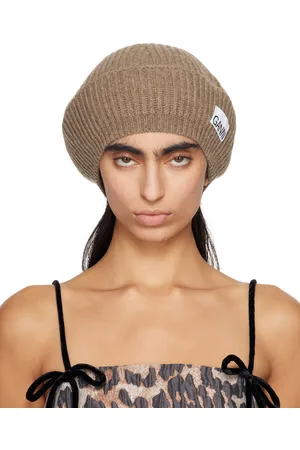 Ganni Taupe Wool Rib Knit Beret