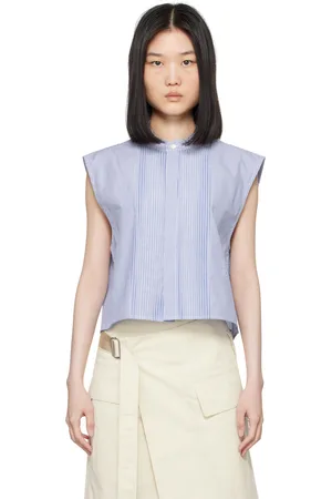 Helmut Lang Blue & White Sleeveless Tuxedo Shirt