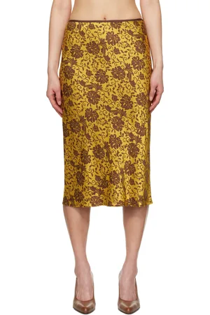 DRIES VAN NOTEN Yellow & Brown Damask Midi Skirt
