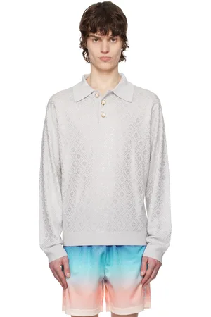 Casablanca Gray Crystal Monogram Long Sleeve Knit Polo