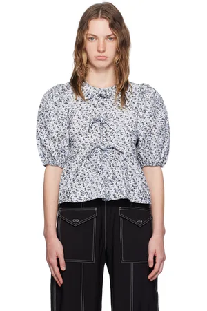 Ganni Blue Floral Printed Peplum Blouse