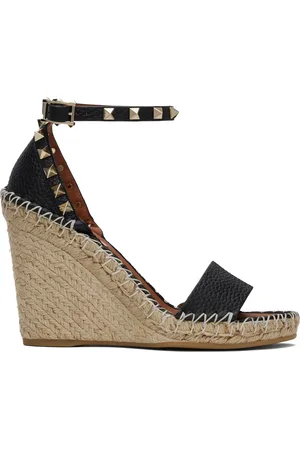 VALENTINO GARAVANI Black & Beige Double Rockstud Wedge Heeled Sandals