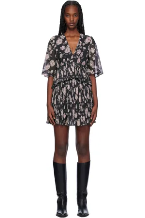 Ganni Black Floral Printed Pleated Minidress