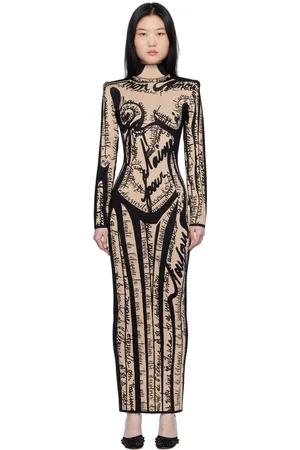 Balmain Black & Tan Body Motif Knit Maxi Dress