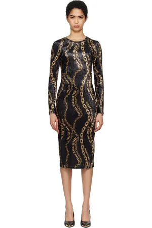 VERSACE Black Chain Couture Velvet Midi Dress