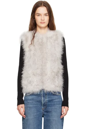 YVES SALOMON Gray Round Neck Feather Vest