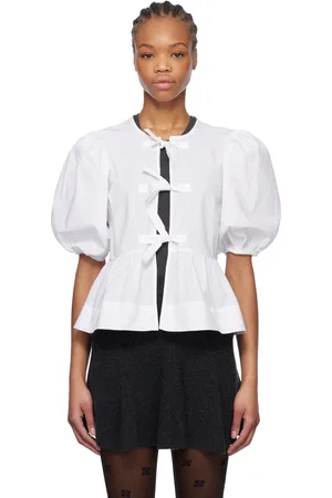 Ganni White Cotton Poplin Peplum Tie Blouse
