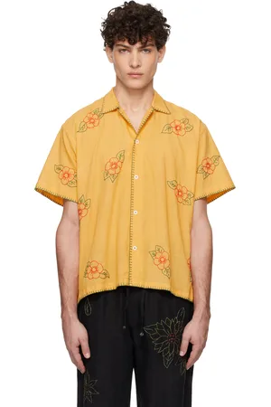HARAGO Yellow Floral Embroidered Short Sleeve Shirt