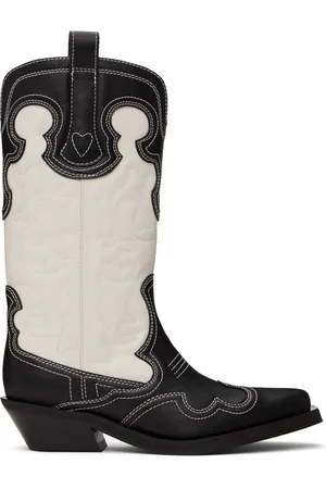 Ganni Black & White Mid Shaft Embroidered Western Boots