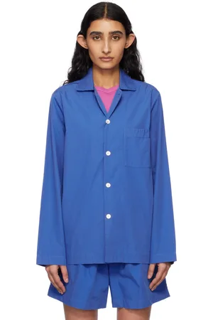Tekla Blue Poplin Long-Sleeved Pyjama Shirt