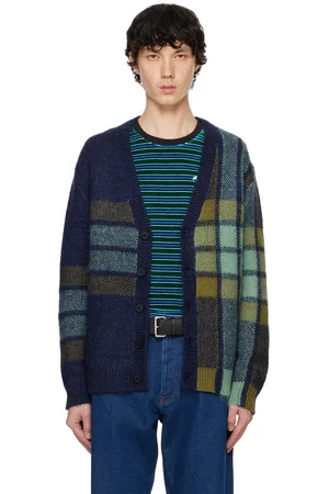 Maison Kitsuné Navy & Green Graphic Check Intarsia Cardigan