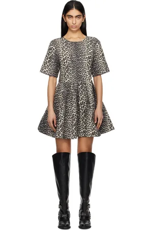 Ganni Beige & Gray Leopard Cotton Tweed Minidress