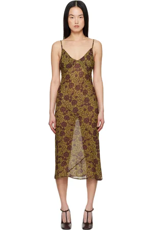 DRIES VAN NOTEN Khaki & Burgundy Printed Midi Dress