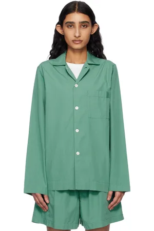 Tekla Green Poplin Long-Sleeved Pyjama Shirt