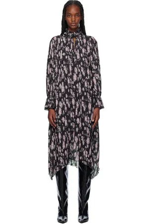 Ganni Black Floral Printed Pleated Midi Dress