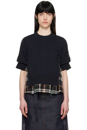 SACAI Navy & Green Plaid Print & Knit Sweater