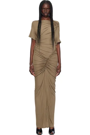 Atlein Brown Asymmetric Ruched Maxi Dress