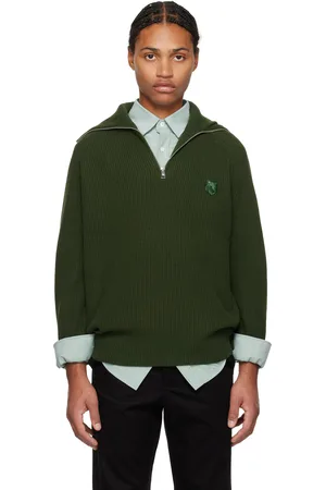 Maison Kitsuné Green Bold Fox Head Patch Half Zip Ribbed Sweater