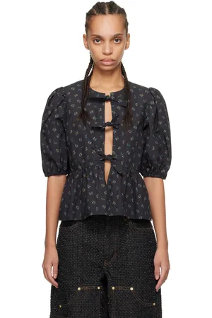 Ganni Black Printed Cotton Peplum Blouse