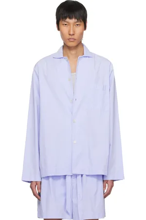 Tekla Blue Poplin Long-Sleeved Pyjama Shirt