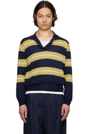 Ami Navy Wool Silk Tonal Striped Polo