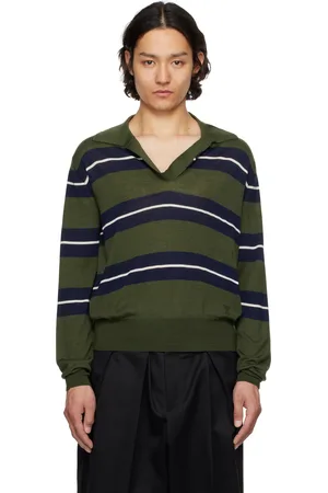 Ami Khaki Wool Silk Tonal Striped Polo