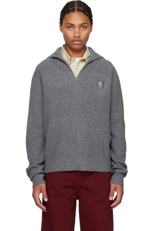 Maison Kitsuné Gray Bold Fox Head Patch Half Zip Ribbed Sweater