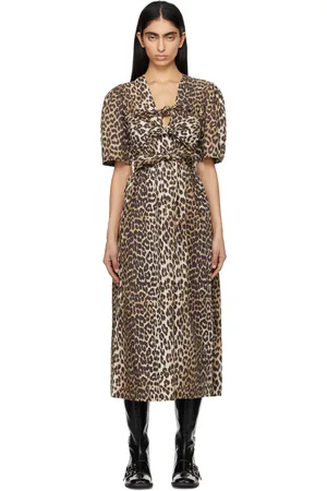 Ganni Beige & Brown Leopard Printed Cotton Tie Strap Midi Dress