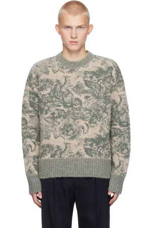 Ami Beige & Green Alpaca Mohair Jacquard Crewneck