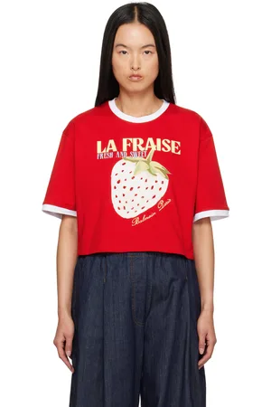 Balmain Red Cropped Strawberry Print T-shirt