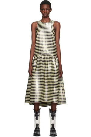 Ganni Yellow Shiny Gingham Midi Dress