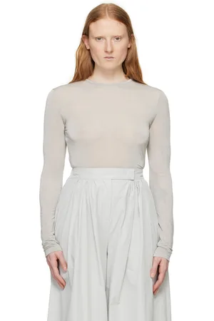 AMOMENTO Gray Sheer Long Sleeve T-Shirt