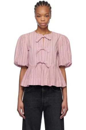 Ganni Pink Cotton Poplin Peplum Tie Blouse