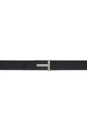 Tom Ford Navy & Black Grain Leather T Icon Reversible Belt