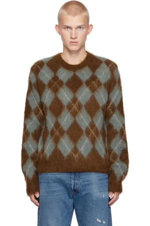 Ami Blue & Brown Alpaca Mohair Brushed Argyle Sweater