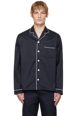 Tekla Navy Sateen Long-Sleeved Pyjama Shirt