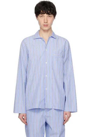 Tekla Blue Poplin Long-Sleeved Pyjama Shirt