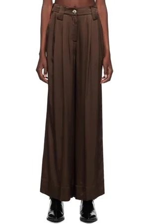 Ganni Brown Washed Satin Flared Trousers
