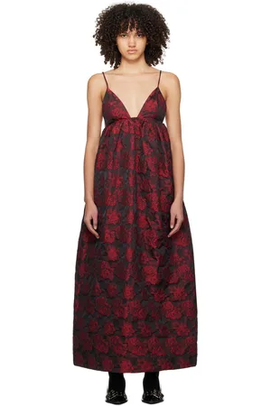 Ganni Black & Red Botanical Jacquard Maxi Dress