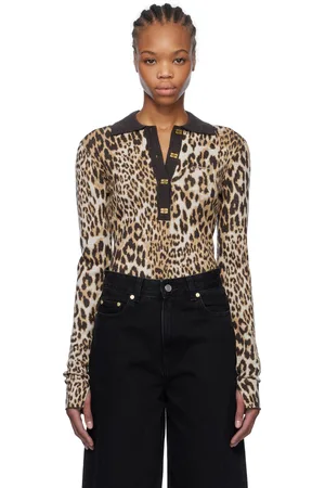 Ganni Brown Leopard Knitted Polo