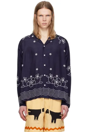HARAGO Navy Bead Embroidered Shirt