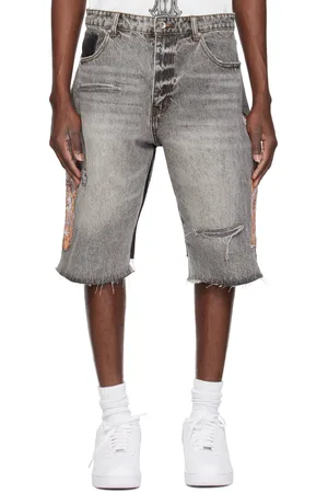 Who Decides War Gray Flame Glass Knee Cover Denim Shorts