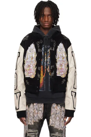 Who Decides War Black & Off-White Namesake Varsity Bomber Jacket