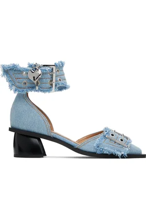 Ganni Blue Denim Feminine Buckle Open Cut Heels